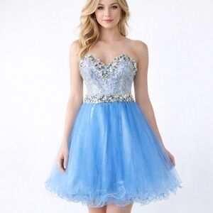 Terani Couture • Blue Beaded Prom/Homecoming Dress Sweetheart Bodice Tulle Skirt